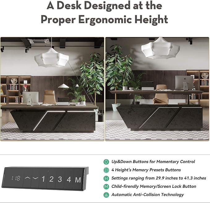 SAINTCY Adjustable Executive Desk - Luxury L Shaped Desk with Drawers, Large Table with File Cabinets, Executive Office Desks with LED Light Strip Home Office Desk for Professionals