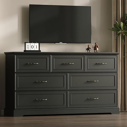 Farmhouse 7 Drawers Dresser for Bedroom, 57" Wide Modern Chest of Drawers with Deep Drawers & Bar Handles, Rustic Wood Dresser TV Stand, Wooden Closet Storage Organizer for Living Room, Hallway, Black