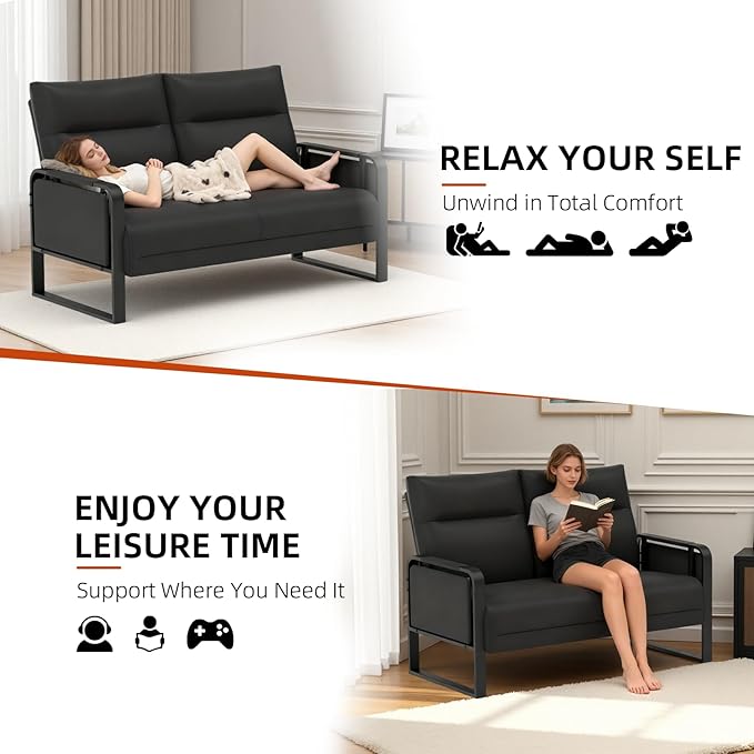 3-Piece Living Room Sofa Set, Faux Leather Loveseat & Accent Chairs Set of 2 with Foldable Tray Table & Storage Pocket, Upholstered Sofa Set for Small Spaces, Office, Black