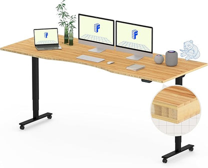 FLEXISPOT E6 MAX Bamboo 78x30 Inch Dual Motor 3-Stage Heavy Duty Standing Desk, 330lbs Weight Capacity, Height Adjustable Desk w/Cable Management & Wheels (Solid Bamboo Curved Desktop + Black Frame)
