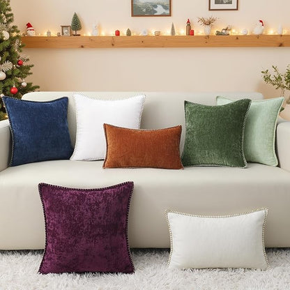 decorUhome Christmas Chenille Soft Throw Pillow Covers 16x16 Set of 2, Farmhouse Velvet Neutral Decorative Euro Pillow Covers with Stitched Edge for Couch Sofa Bed Home Decor, Rhododendron