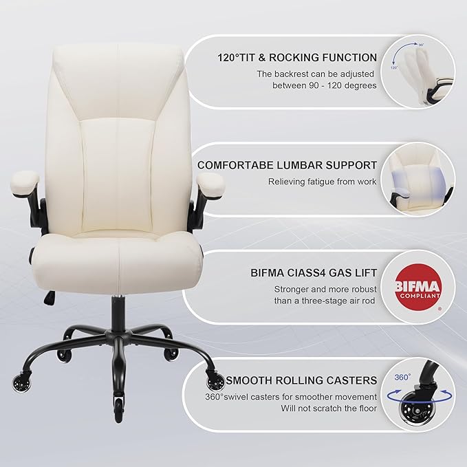 Big and Tall Office Chair for Heavy People, Executive Desk Computer Chair Adjustable Flip-up Armrests for Women, PU Leather Swivel Task Chair with Ergonomic High Back and Lumbar Support (White)