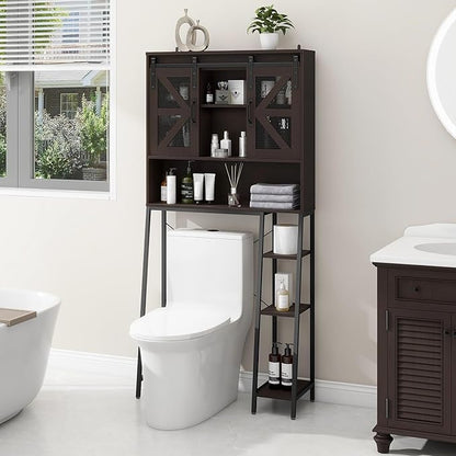 Over The Toilet Storage Cabinet, Farmhouse Storage Cabinet Over Toilet with 2 Sliding Barn Door，Home Space-Saving Toilet Rack, for Bathroom, Restroom, Laundry，Espresso