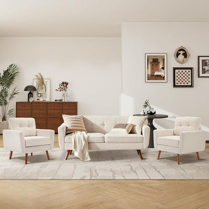 Tbfit Linen Fabric Accent Chairs Set of 2, Mid Century Modern Armchair for Living Room, Bedroom Button Tufted Upholstered Comfy Reading Accent Chair Sofa(Light Beige)
