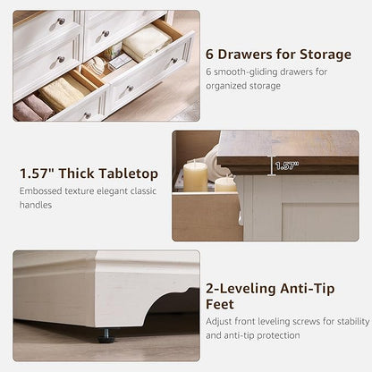 Farmhouse 6 Drawers Dresser for Bedroom, 54" Wide Large Dressers & Chests of Drawers w/Roman Column, Wooden Dresser TV Stand with Large Drawers for Nursery Bedroom Living Room Hallway, Antique White