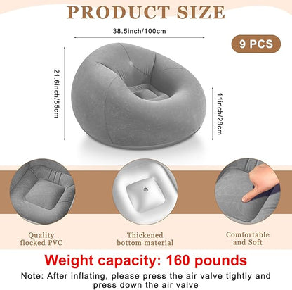 Realspring 9 Pcs Bean Bag Chairs for Adults Inflatable Chairs with Electric Air Pump,Blow up Couch Folding Portable Inflatable Couch Lazy Sofa for Reading Living Room Camping (Grey)