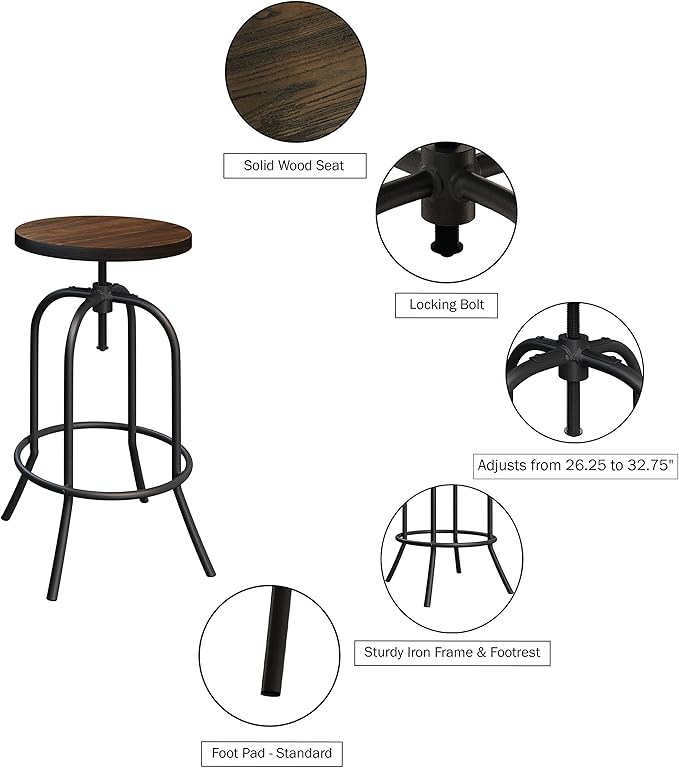 Lavish Home Swivel Bar Stools - Set of 2 Adjustable Barstools for Counter or Bar Height with Round Wood Seat and Iron Tube Frame for Kitchen (Brown)