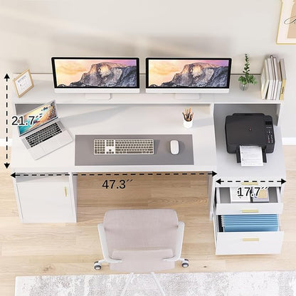 Computer Desk with 3 Drawer & Storage Shelves, Home Office Desk with File Drawer & Cabinet, Writing Study Table with Long Monitor Stand & Printer Shelf, Executive Desk, White