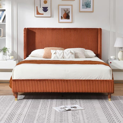 PINJU Queen Size Bed Frame, Upholstered Platform Bed with Modern Vertical Striped Wingback Headboard with Wooden Slats, Easy to Assemble No Noise Free (OCHER, Queen (U.S. Standard))