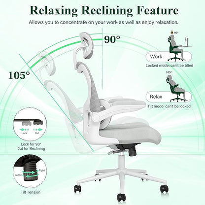 SUNNOW Ergonomic Office Chair, Comfy Mesh Desk Chair, High Back Computer Gaming Chairs with Adjustable Lumbar Support, Flip-Up Arms, Headrest, Tilt Function, Wide Cushion, Swivel Wheel, BIFMA Quality