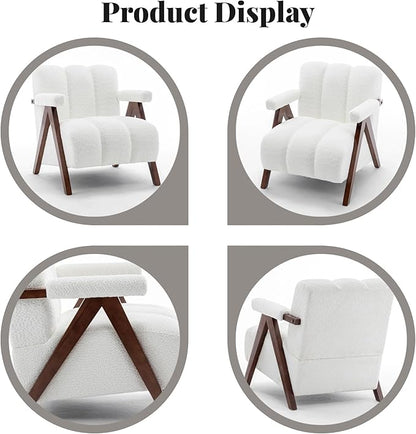 Mid Century Modern Accent Chair with Solid Wood Frame, Boucle Upholstered Living Room Chairs with Thick Cushion, Comfy Tufted Arm Chair for Bedroom, Ivory