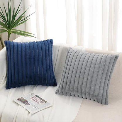 Pallene Faux Fur Plush Throw Pillow Covers 18x18 Set of 2, Luxury Soft Fluffy Striped Decorative Pillow Covers for Sofa, Couch, Living Room, Navy Blue
