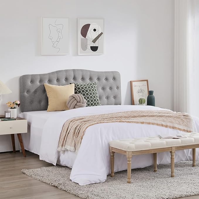 Upholstered Twin Headboard, Button Diamond Tufted Headboards with Adjustable Height and Solid Wood Leg, Linen Fabric Padded Headboard for Twin Size Bed, Mordern Head Board, Grey