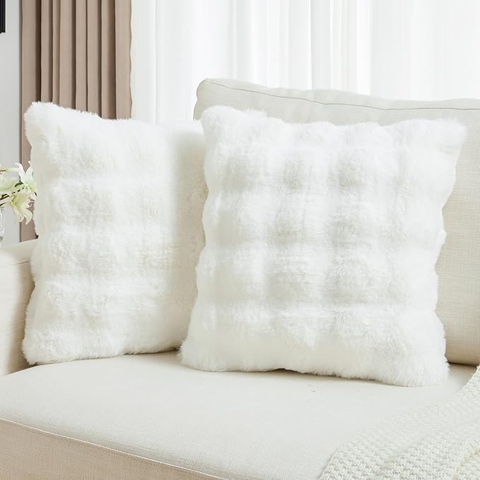 FUTEI Cream White Decorative Throw Pillow Covers 16x16 Inch Set of 2,Soft Fuzzy Faux Rabbit Fur Cushion Covers with Raised Texture,Neutral Boho Home Decor for Couch Bed Living Room