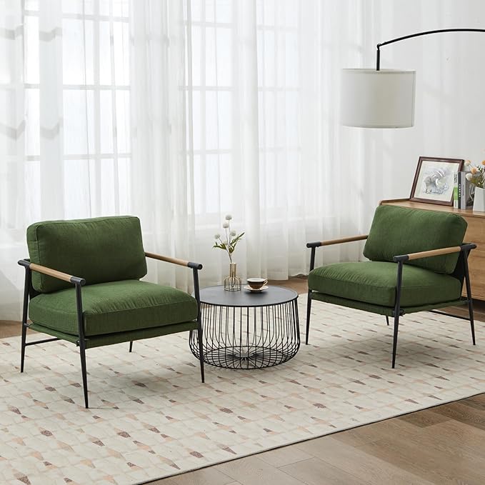 HEAH-YO Modern Accent Chairs Set of 2, Upholstered Linen Fabric Living Room Chairs with Backrests and Metal Legs, Comfy Reading Side Armchairs for Bedroom, Green