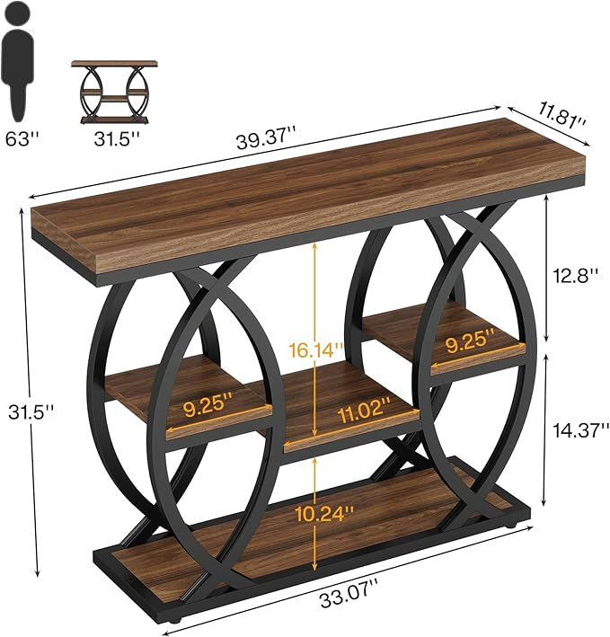 Tribesigns 39.4" Console Table, Industrial 4-Tier Sofa Table Entryway Table with Storage Shelves, Narrow Wood Accent Tables with Metal Frame for Small Spaces, Hallway, Foyer, Rustic Brown