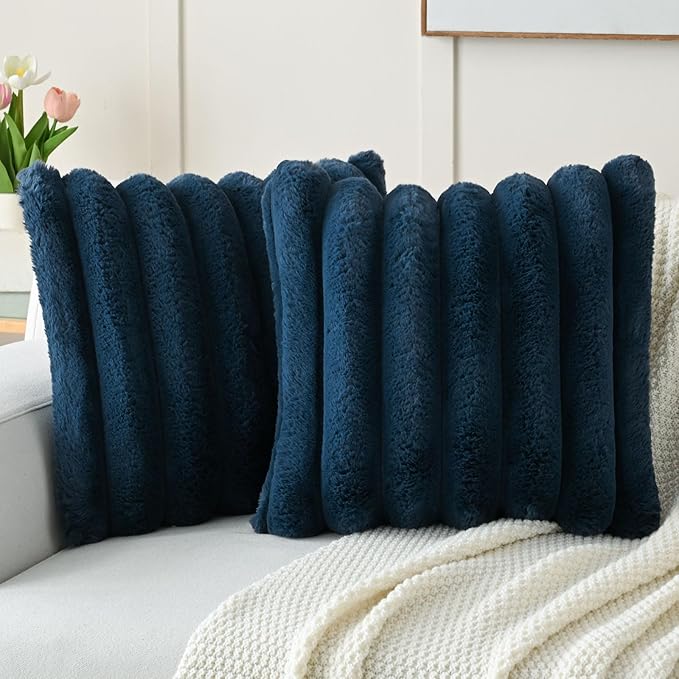 FUTEI Navy Blue Decorative Throw Pillow Covers 22x22 Inch Set of 2, Square Soft Faux Rabbit Fur Thick Striped Cushion Cover,Winter Home Decor for Couch Bed Living Room