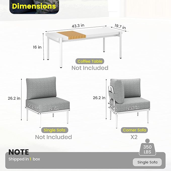 Sundale Outdoor 2 Pieces Patio Furniture Set, Metal Outdoor Sectional Sofa with Armrests and 6 Inch Olefin Cushion, All-Weather Modern Outdoor Conversation Sets