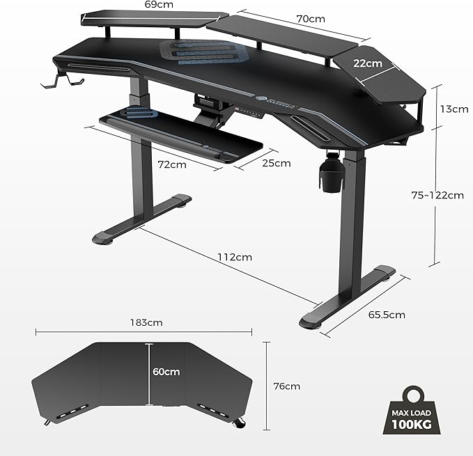 EUREKA ERGONOMIC Gaming Desk, Standing Desk w Keyboard Tray, 72" Wing Shaped Music Studio Table with LED Shelves, Gaming Recording Live Stream, Slot Design
