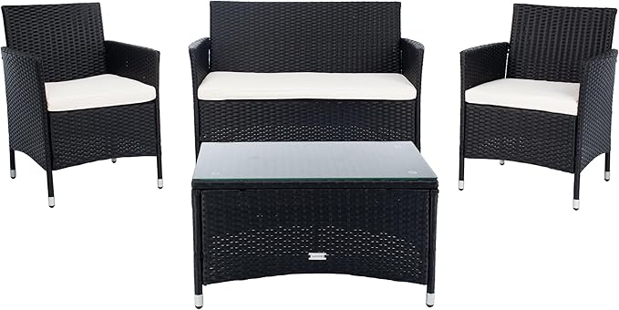 SAFAVIEH PAT7506A Collection Bandele Black and Beige 4-Piece Outdoor Living Patio Set