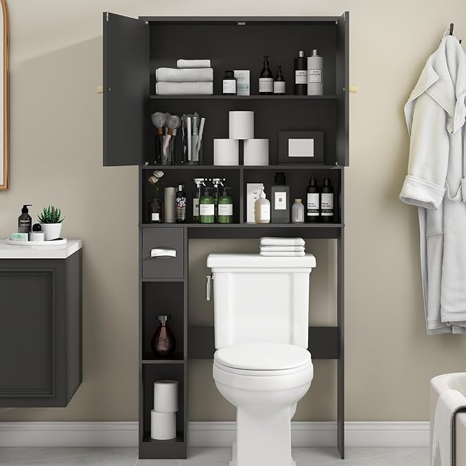 Vabches Rattan Toilet Storage Cabinet, Over Toilet Storage Wood Cabinet with 2 Doors & Toilet Paper Holder Stand, Bathroom Organizer Home Space Save Toilet Rack for Bathroom, Laundry, Restroom, Black