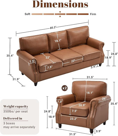 Kingfun 3 Seater Sofa, Mid-Century Modern Faux Leather Couch Set for Living Room, Brown with Rolled Arms & Nailhead Trim, Easy Assembly