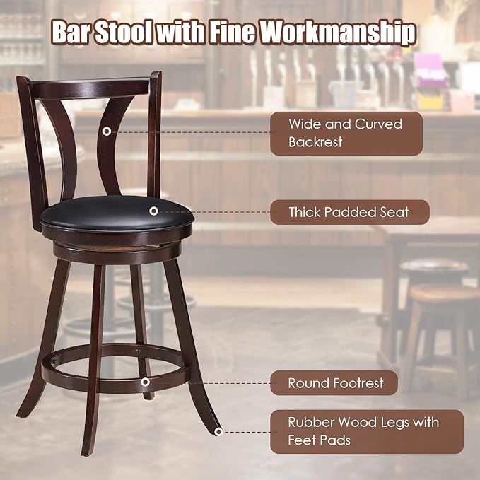 COSTWAY Bar Stools Set of 2, 360-Degree Swivel Stools with Leather Padded Seat, Single Slat Back & Solid Rubber Wood Legs, Counter Height Stools for Pub, Restaurant, Kitchen, Brown (4)