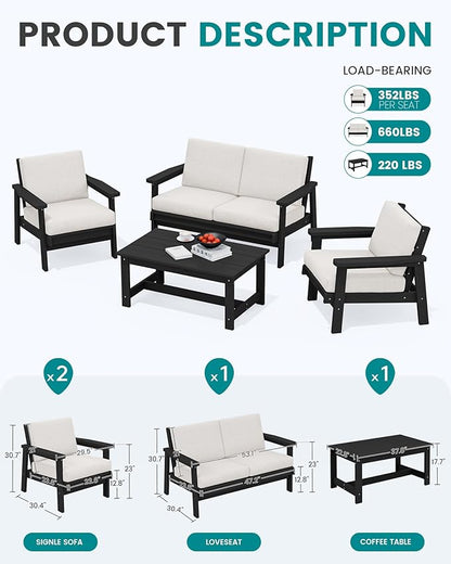 SERWALL HDPE Patio Furniture Set with 15FT Double Side Patio Umbrella, All Weather Wood-Like Outdoor Sofa Sectional Couch, Black Patio Furniture with Khaki Cushions