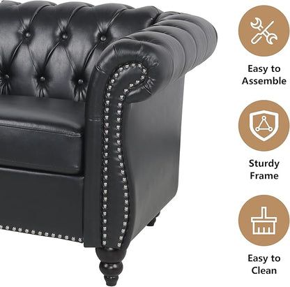 Faux Leather Sofa and Loveseat set, Mid Century Modern Upholstered Couch with Cushions, 2-Piece Home Sofa Living Room Furniture Sets, Comfy Tufted Chesterfield Couches for Bedroom, Office (Black)