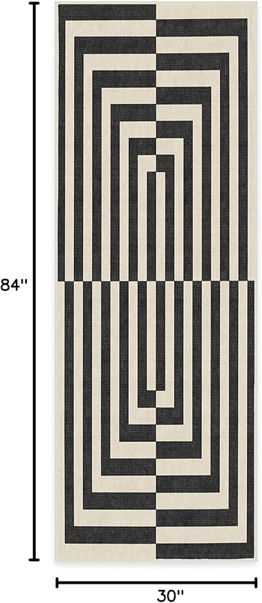 RUGGABLE x Jonathan Adler Machine Washable Modern Runner Rug – Op Art Charcoal 2.5x7, Stain-Resistant, Non-Slip – Washable Rug for Hallway, Entryway, Living Room & Kitchen–with Cushioned Pad