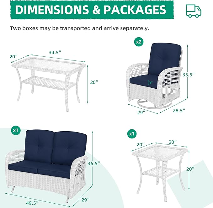 VIVIJASON 5-Piece Outdoor Patio White Wicker Conversation Sets, All Weather Outdoor Rattan Furniture Set Includes Glider Loveseat, 2 Coffee Table, 2 Swivel-Gliders Chairs with Cushions, Navy Blue