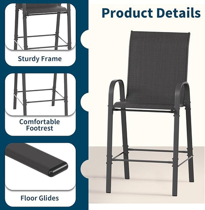 Amopatio 5 Piece Patio Bistro Set with 4 Bar Chairs and Glass Table, All-Weather Textilene Patio Bar Stools, Sturdy Outdoor High Top Table and Chairs for 4 for Backyard, Porch, Balcony, Black