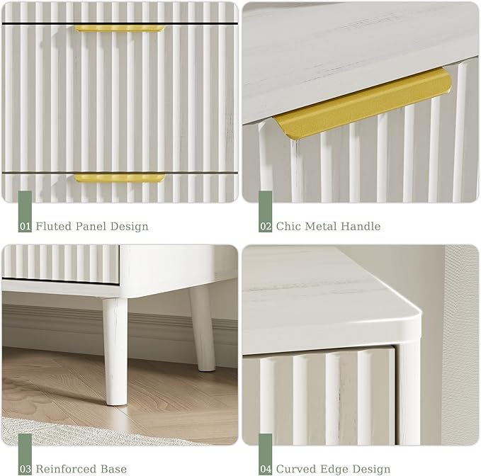 LYNSOM Fluted Dresser and Nightstand Set, 3 Pieces Bedroom Set, 55 Inch Wide 7-Drawer Dresser & 2-Drawer Nightstands Set of 2, Modern Dressers Set for Bedroom, Hallway, White
