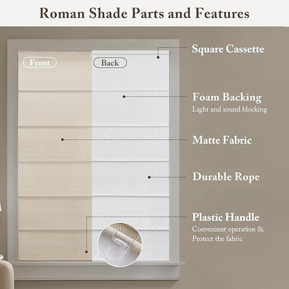 Madison Park Galen Matte Linen Cordless Roman Shades - Fabric Privacy Single Panel Darkening, Energy Efficient, Thermal Insulated Window Blind Treatment, for Home, Living Room Decor, 33" W x 64" H