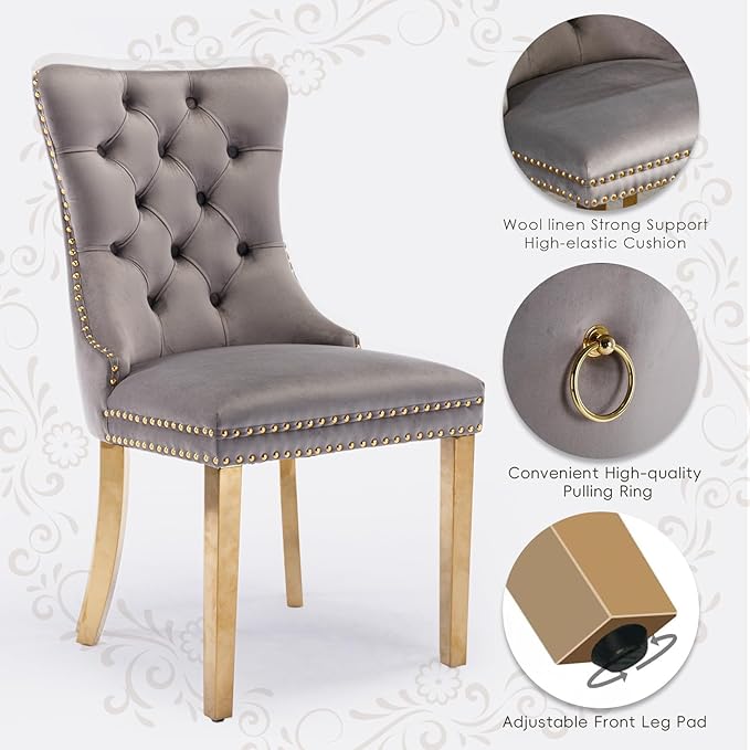 Velvet Upholstered Dining Chairs Set of 6, Modern Style Kitchen Side Chairs with Nailhead Trim and Gold Plated Leg, Metal Pulling Ring for Dining Room Living Room(Gery-Gold Plated Leg)