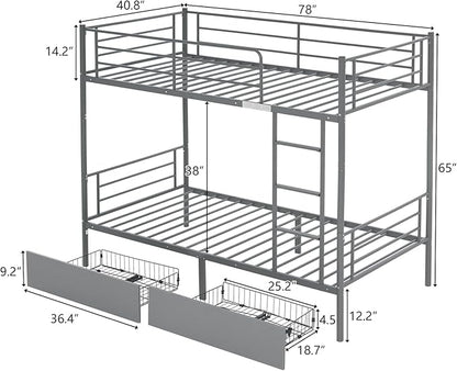 Karl home Grey Bunk Bed Twin Over Twin with 2 Storage Drawers, Metal Bunk Bed with Built-in Ladder and Safety Guardrail, Space-Saving Twin Bunk Beds for Kids, Teens & Adults, No Box Spring Needed
