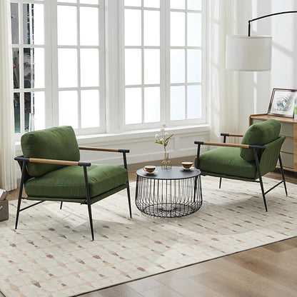HEAH-YO Modern Accent Chairs Set of 2, Upholstered Linen Fabric Living Room Chairs with Backrests and Metal Legs, Comfy Reading Side Armchairs for Bedroom, Green