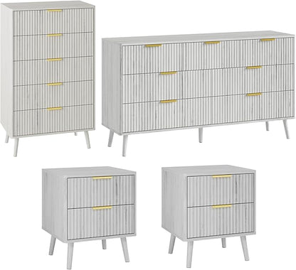 LYNSOM Fluted Dresser and Nightstand Sets 4 Piece, 2-Drawer Nightstands and 5/7 Drawers Dresser, Wood Bedroom Furniture Set for Home, Bedroom, Hallway, White