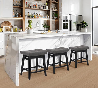 Counter Height Bar Stools Set of 2 for Kitchen Counter Farmhouse Modern Barstools with Faux Leather Upholstered Backless Seat and Solid Wood Legs 24 inch Bar Chairs, Grey + Black