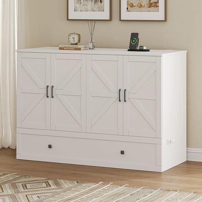 Full Size Murphy Bed with Charging Station - Wall Mounted Hideaway Cabinet Bed, Foldable Panel & Large Storage Drawer for Home Office,Small Room,Guest Bedroom,Living Room, White