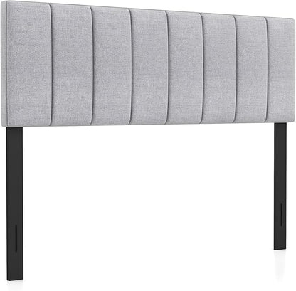 KOMFOTT Linen Upholstered Headboard for Full & Queen Size Bed, Vertical Channel Tufted Rectangular Headboard with Solid Wood Legs & Adjustable Width, Padded Bed Backboard, Easy Assembly (Gray)