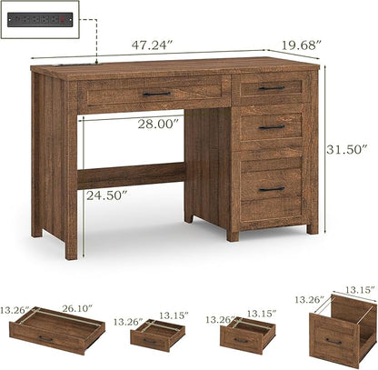 Vabches Farmhouse 47" Executive Desk, Computer Desk with File Drawer and Charging Station, Workstation for Home Office, Study.Red-Brown.