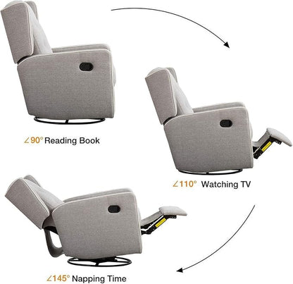CANMOV Swivel Rocker Recliner Chair, Nursery Glider Chair, Nursery Rocking Chairs, Manual Reclining Chair, Grey