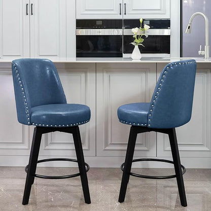 MINCETA Bar Stools Set of 2, PU Leather Barstools, 26 Inch Upholstered Counter Stools with High Back and Footrest, Swivel Counter Height Barstools for Kitchen Island Home Bar Navy Blue