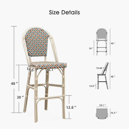PURPLE LEAF French Bar Stool Set of 2 White Print Finish Patio Bar Stools with Back Rattan Chairs Wicker Bar Height Stool 30" with Footrest Kitchen Island Stools Outdoor Barstool Colorful