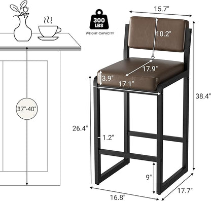 Bar Stools Set of 3, Faux Leather Counter Height Bar Stools with High Back and Metal Legs, Upholstered Bar Chairs, 26" Modern Barstools for Kitchen Island, Dark Brown