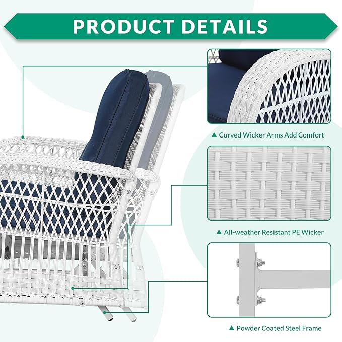 VIVIJASON 2-Piece Outdoor White Wicker Glider Rocking Chair, Patio Rattan Swing Glider Chairs with Cushions & Steel Frame, All-Weather Gliding Lawn Wicker Furniture for Garden Backyard, Navy Blue