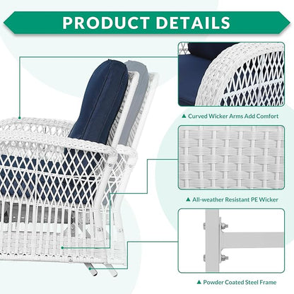 VIVIJASON 2-Piece Outdoor White Wicker Glider Rocking Chair, Patio Rattan Swing Glider Chairs with Cushions & Steel Frame, All-Weather Gliding Lawn Wicker Furniture for Garden Backyard, Navy Blue