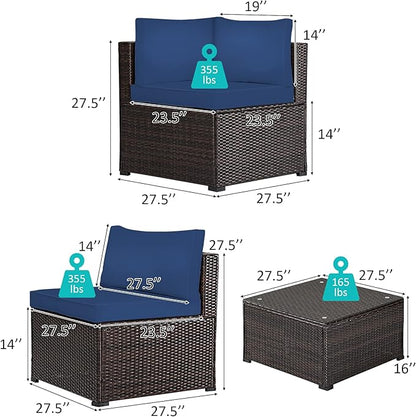 Tangkula 6 Pieces Patio Furniture Set, Outdoor Rattan Sofa Set, Wicker Conversation Set w/Tempered Glass Coffee Table & Cushions, Sectional Sofa Set for Backyard, Garden, Balcony, Poolside