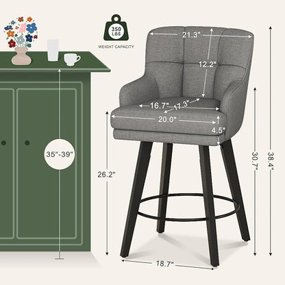 360°Swivel Counter Height Bar Stools with Back, 26 inch Solid Wood Legs, Bar Stool Modern Kitchen Island Chairs, Fabric (Mid-Grey- Fabric, 26" H- Set of 3)